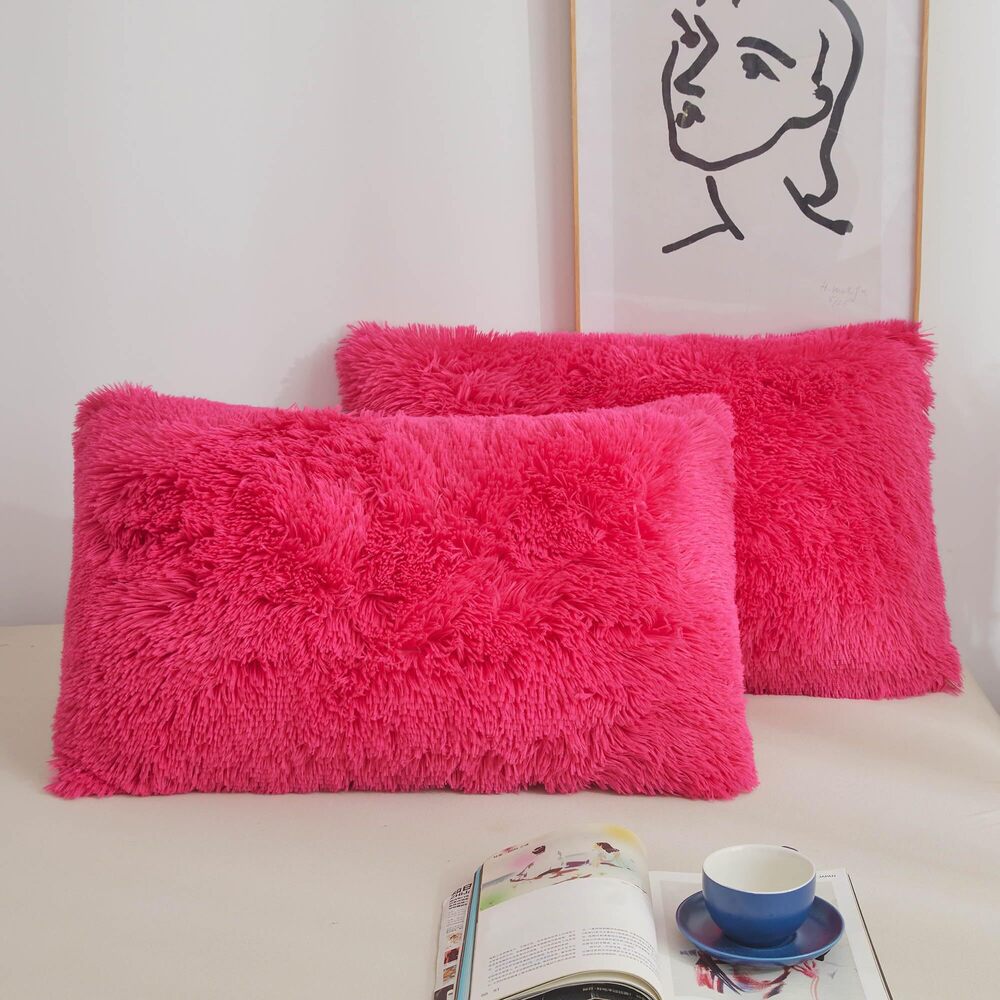 3689 Faux Fur Fluffy Pillow Cases, Soft Plush Shaggy Furry Hot Pink